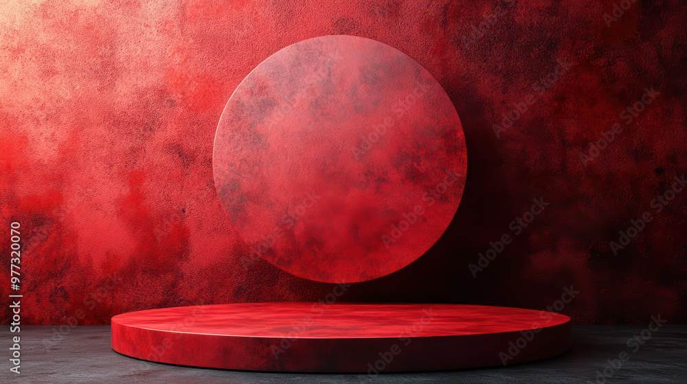 Poster abstract art featuring a red circular platform and textured backdrop, creating a dynamic and vibrant