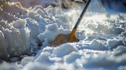 The shovel skimming through a snow drift