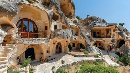 Troglodyte cave dwellings in Cappadocia, Turkey: The unique cave dwellings of Cappadocia are carved directly into the soft volcanic rock, creating a landscape that feels both ancient and otherworldly.