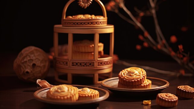 Mid-Autumn Festival Mooncakes (Geppei) on Wooden Table to Enjoy and Celebrate, Photo.