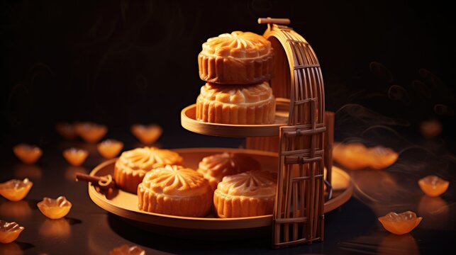 Mid-Autumn Festival Mooncakes (Geppei) on Wooden Table to Enjoy and Celebrate, Photo.