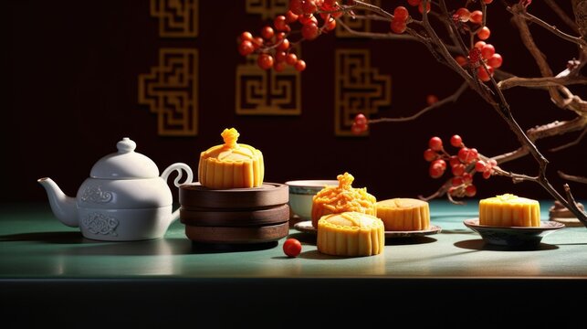 Delicious Chinese Mooncakes (Geppei) with Teapot at Table for Mid-Autumn Festival Photo.