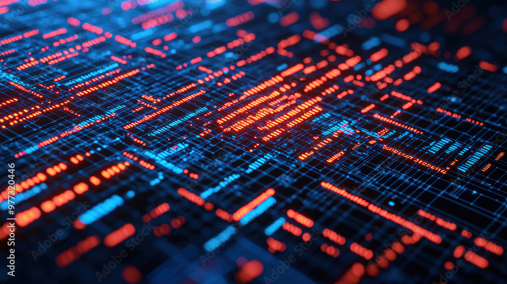 Poster abstract digital data network in blue and red, representing technology and information flow in a fut