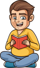 Cartoon chubby guy reads book vector illustration