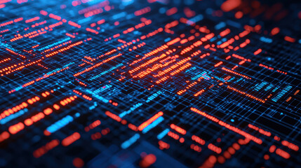 Obraz premium Abstract digital data network in blue and red, representing technology and information flow in a futuristic electronic circuit backdrop.