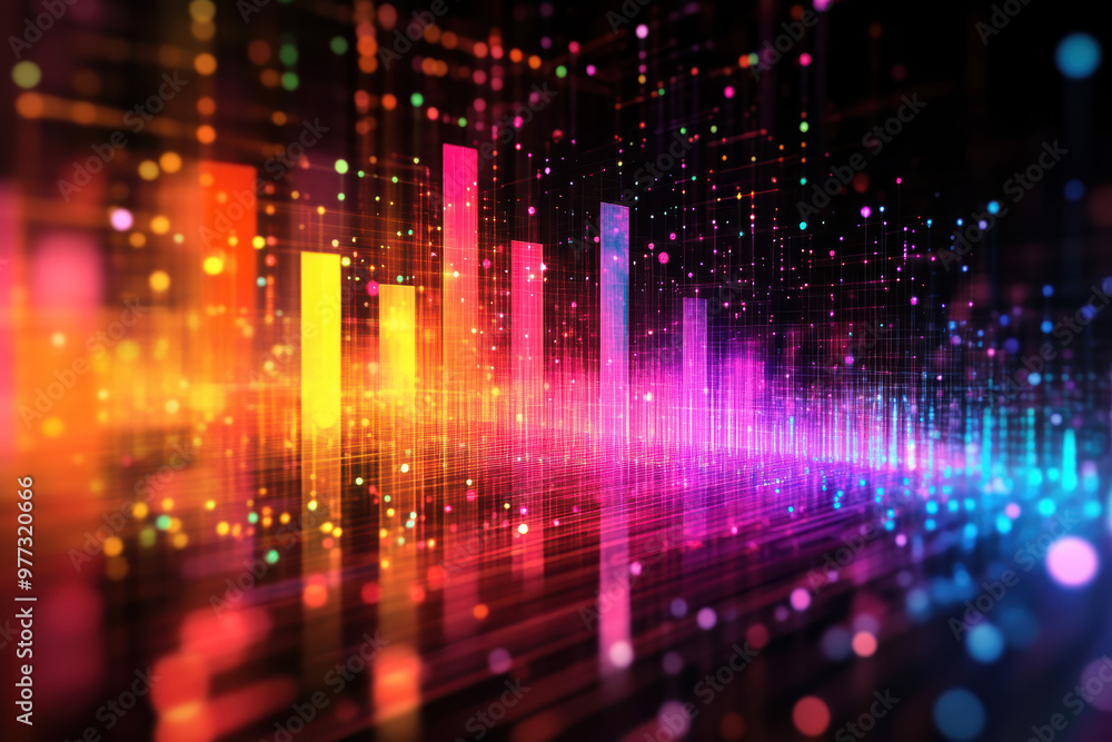 Poster abstract digital data visualization with vibrant, colorful bars and dynamic light effects, creating 