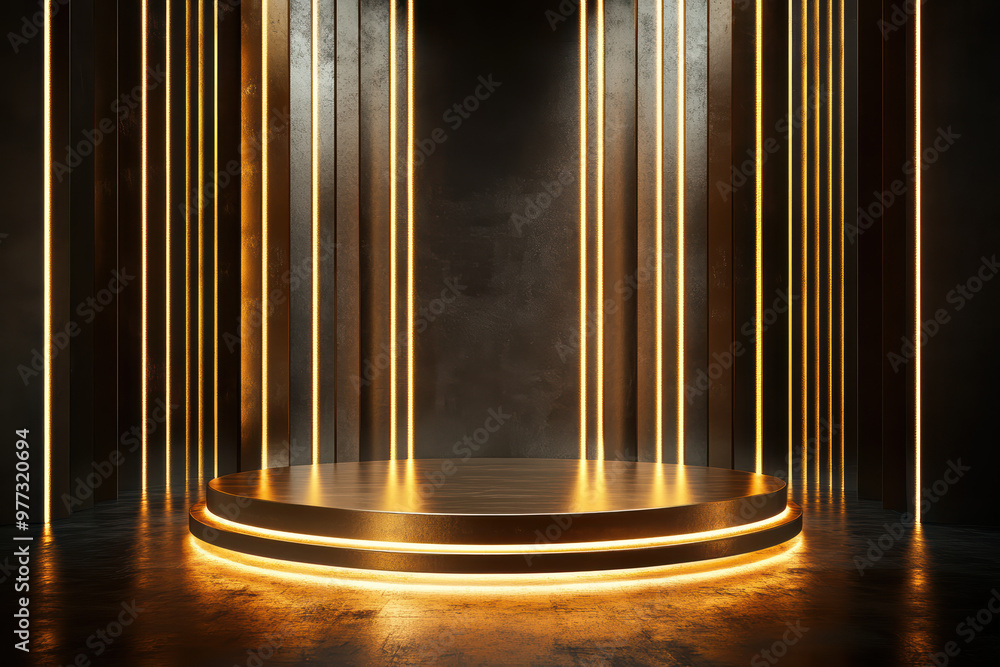 Poster a futuristic illuminated stage with vertical light beams and a circular platform in a dark room. ide