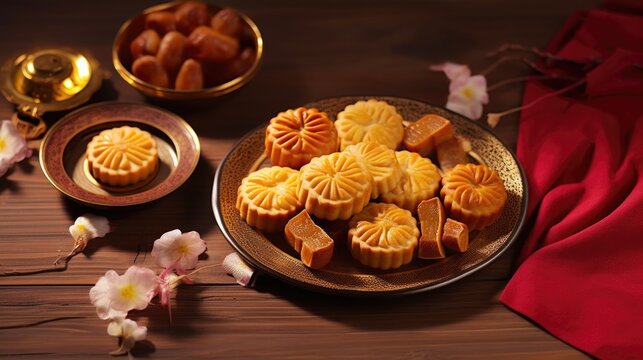 Delicious Chinese Mooncakes (Geppei) with Snacks on Table Settings for Mid-Autumn Festival Theme Photo.