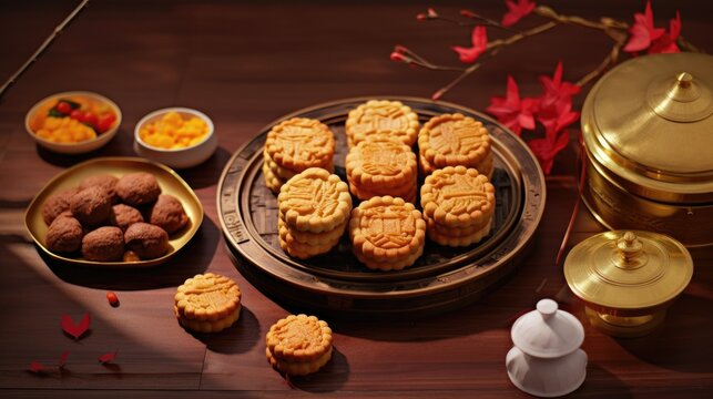 Delicious Chinese Mooncakes (Geppei) with Snacks on Table Settings for Mid-Autumn Festival Theme Photo.
