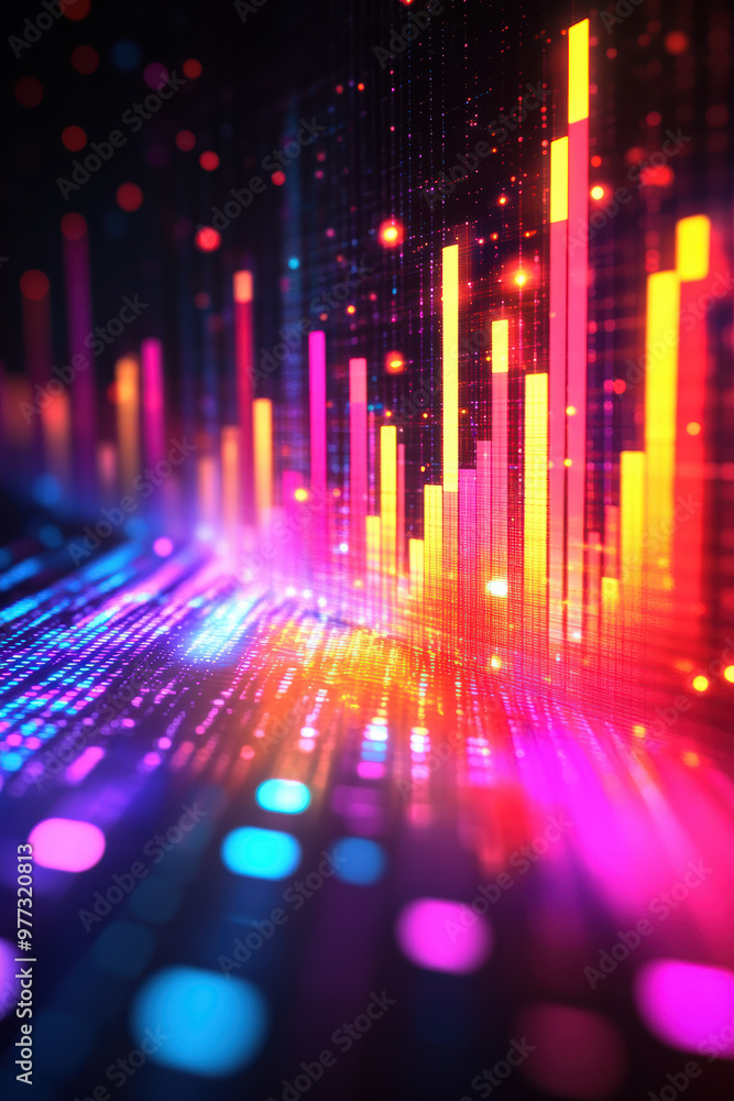 Poster futuristic digital data visualization with vibrant multicolored bars and glowing particles on a dark
