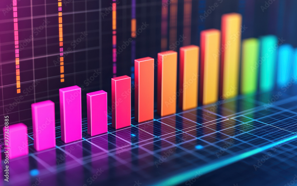 Poster colorful bar graph on a digital interface, showcasing data analysis and growing business trends with