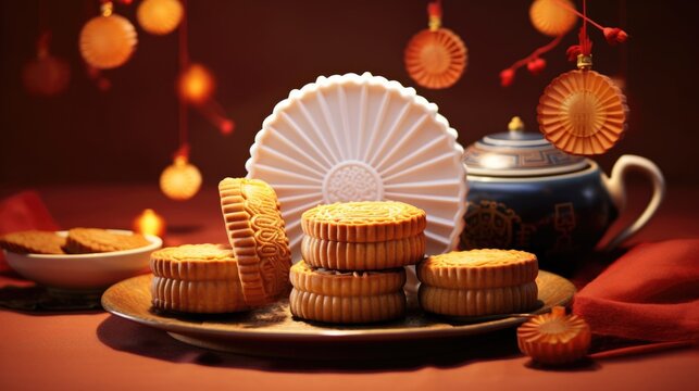 Delicious Chinese Mooncakes (Geppei) with Teapot at Table for Mid-Autumn Festival Photo.