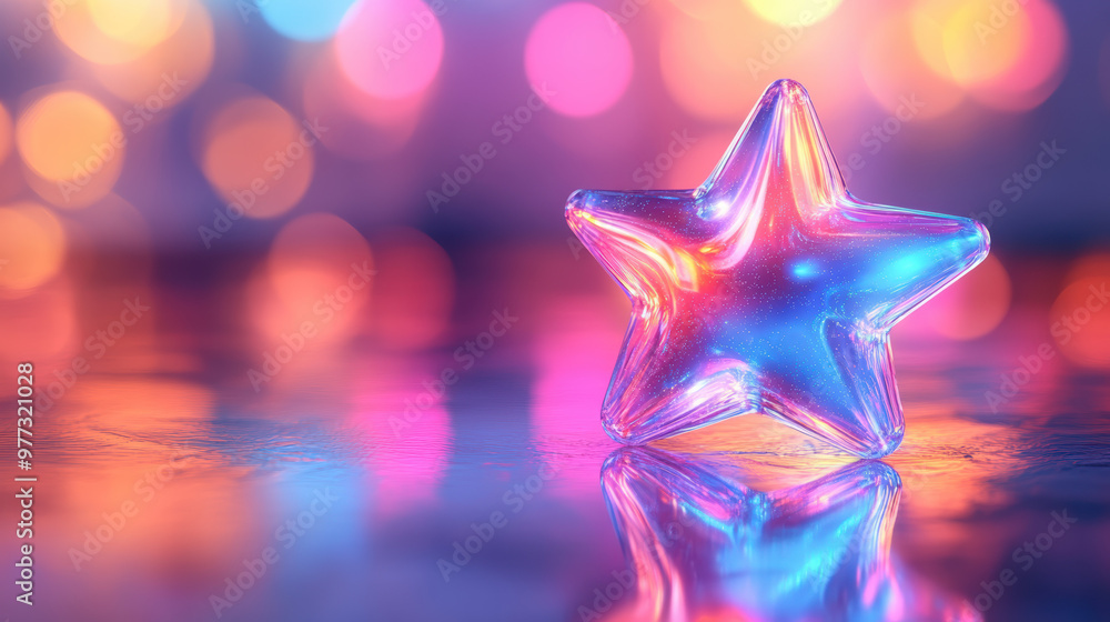 Poster a vibrant, glowing glass star set against a blurred background of colorful bokeh lights, creating a 