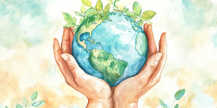watercolor two hands holding earth with plants, save earth from global warming