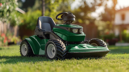 Green lawn mower parked on freshly cut grass in a sunny backyard setting during afternoon light