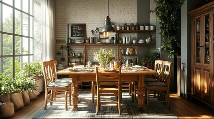 Obraz premium Charming dining room showcasing elegant pictures of wooden dining table picture