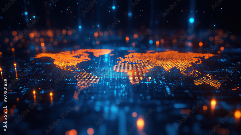 Poster glowing world map on digital grid with neon lights, representing global connectivity, technology, an