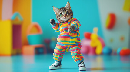 Portrait of a stylish cat dancing in kids outfit on a colorful toyroom background with field of depth, wearing stylish sneakers