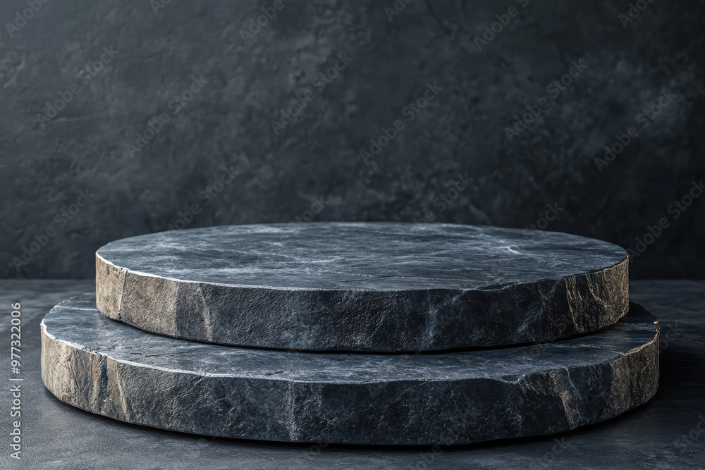 Aufkleber close-up of two dark stone slabs arranged in a minimalist style against a textured dark background, 