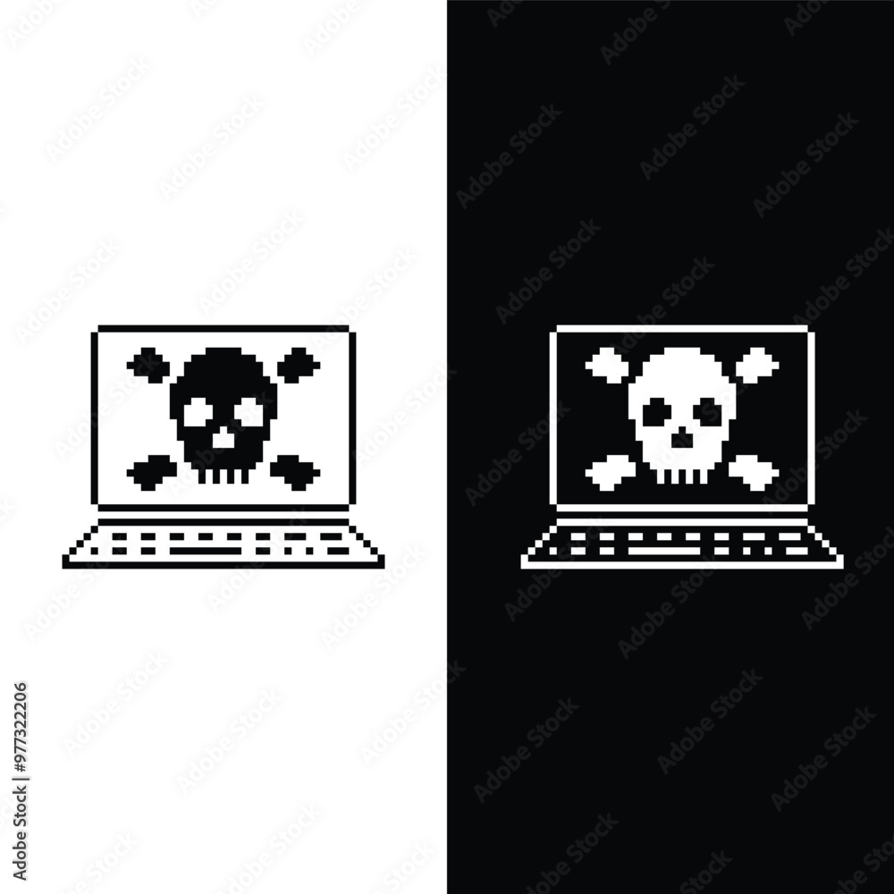 Poster pixel laptop with virus skull icon. vector pixel art hacker cyber computer pc 8 bit logo for game