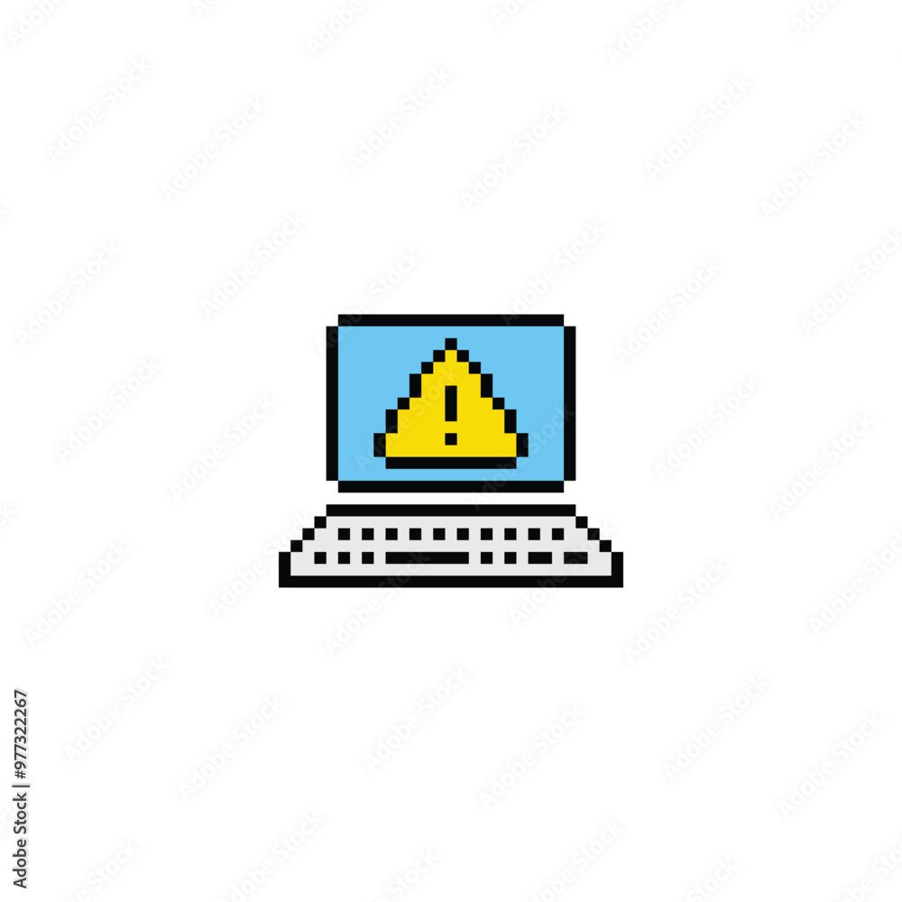 Poster pixel laptop with virus skull icon. vector pixel art hacker cyber computer pc 8 bit logo for game