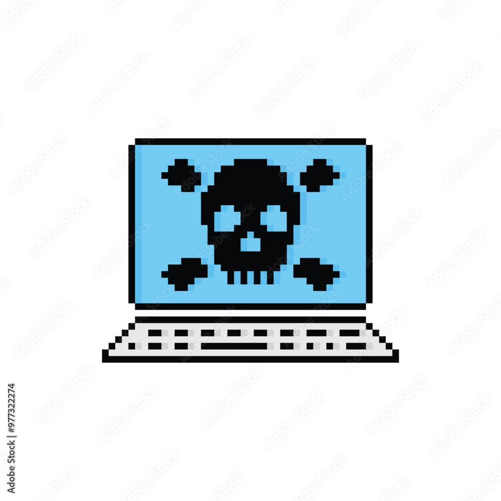 Poster pixel laptop with virus skull icon. vector pixel art hacker cyber computer pc 8 bit logo for game