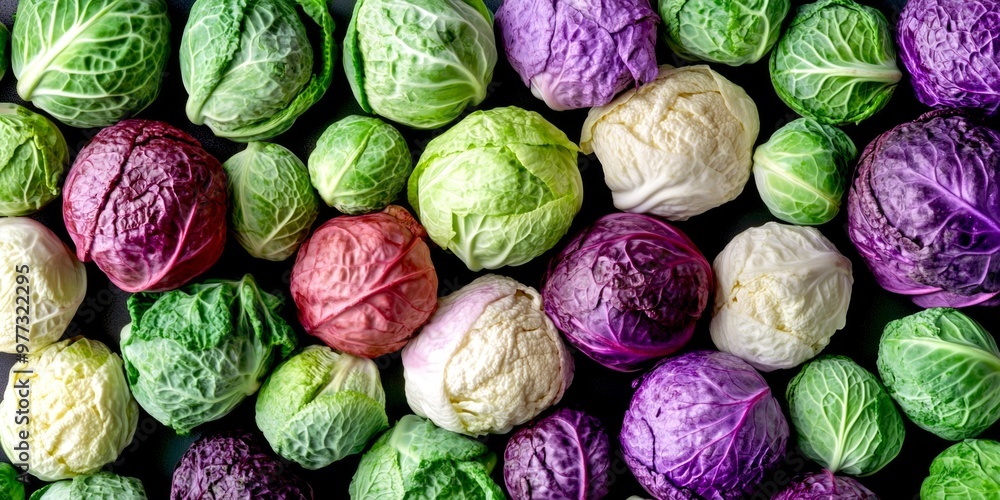 Poster a vibrant collection of cabbages in various colors and sizes is displayed. this image showcases fres