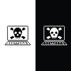 pixel laptop with Virus skull icon. Vector pixel art Hacker cyber computer pc 8 bit logo for game