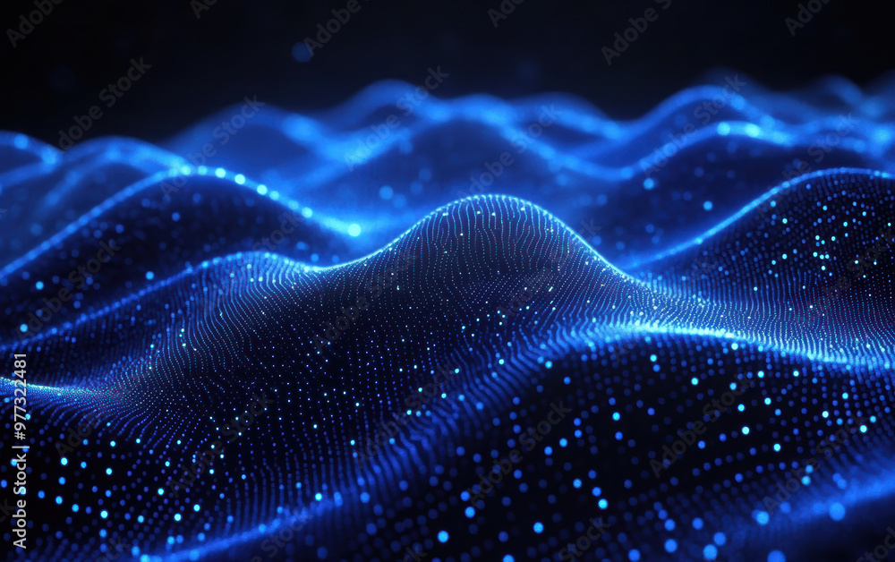 Poster abstract digital wave composed of glowing blue particles, creating a futuristic and dynamic visual e