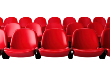 A row of vibrant red chairs arranged neatly, with transparent Background.
