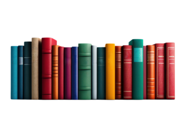 A colorful collection of books arranged neatly, showcasing various sizes and designs, with transparent Background.