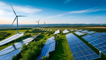 Vibrant renewable energy landscape featuring wind turbines and solar panels against a backdrop of a clear blue sky