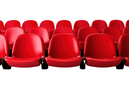 A row of vibrant red chairs arranged neatly, with transparent Background. - Powered by Adobe