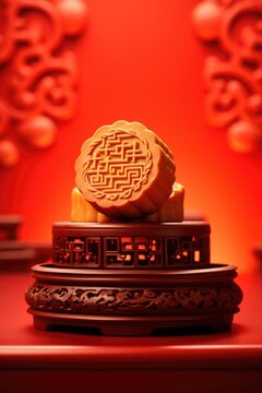 Delicious Chinese Mooncakes (Geppei) on Red Stand for Mid-Autumn Festival Celebrate Photo.