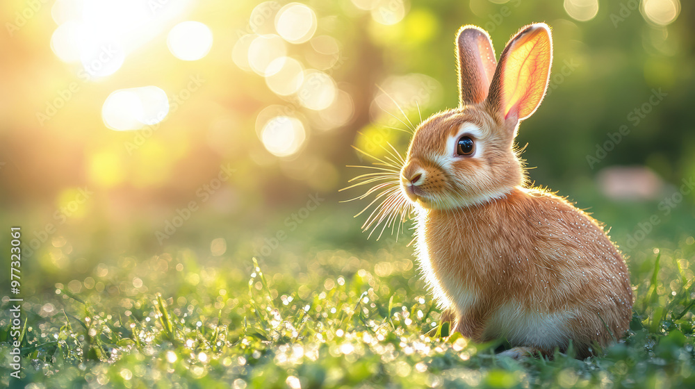 Poster cute brown rabbit sitting on a grassy field with sunlight shining through trees in the background, c