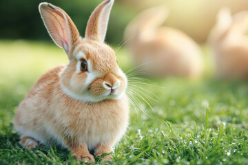 Fototapeta premium Cute brown rabbit sitting on grass on a sunny day with blurred bunnies in background. Perfect for spring, nature, and pet-themed s.