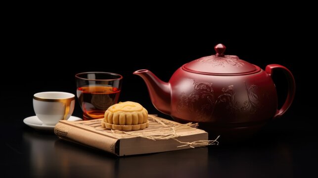 Delicious Chinese Mooncakes (Geppei) with Teapot Set at Table for Mid-Autumn Festival Photo.