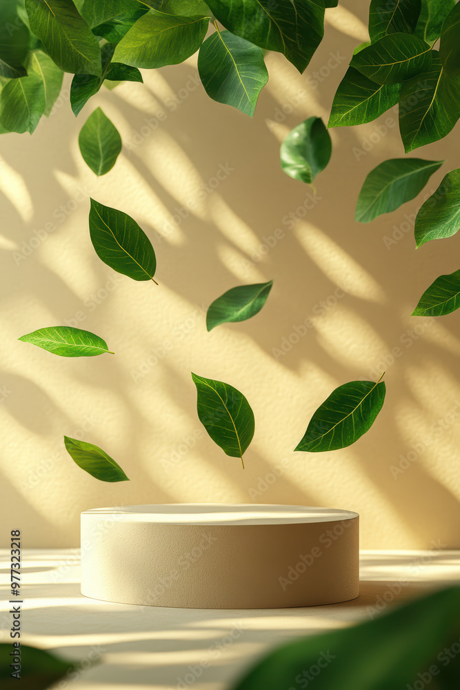 Aufkleber sunlit podium with floating green leaves casting shadows on a beige background, creating a natural a