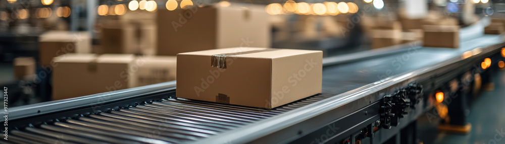 Aufkleber automated conveyor belt system with cardboard boxes in a warehouse. efficient logistics and packagin