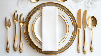 Elegant table setting with golden utensils and fine china for a formal dining occasion