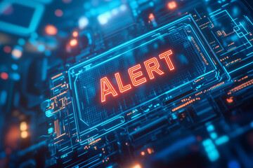 Futuristic holographic blue panel with the word Alert in red