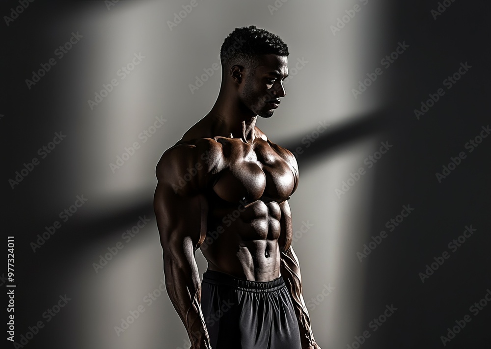 Wall mural male model in workout clothes lifting dumbbells studio setup with dramatic lighting strong and deter