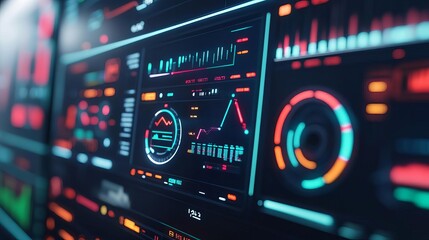 Fototapeta premium Holographic UI performance analyzers, neon interface tools, dynamic tech elements
