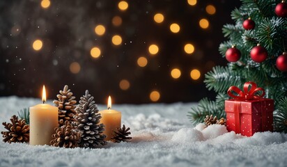 Christmas and New Year holidays background Christmas tree, gifts and candles on the snow