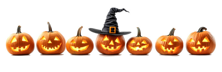 Set of scary Jack O Lantern Halloween pumpkins with witch hats on transparent background cutout. PNG file. Funny and spooky carved pumpkin.