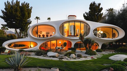 Retro-futuristic space age house, 1960s vision: A sleek, retro-futuristic house from the 1960s stands as a testament to a bygone era's optimistic vision of the future, with its bold curves and 