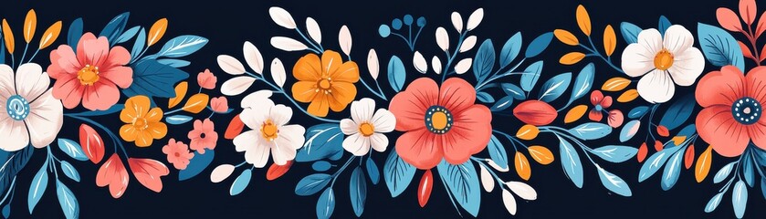 Obraz premium A vibrant floral pattern featuring colorful flowers and leaves on a dark background, perfect for designs and decorations.