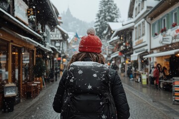 Fototapeta premium A person dressed warmly, walking through a picturesque snowy village with buildings draped in snowflakes, capturing the essence of cold winter amidst charming architecture.