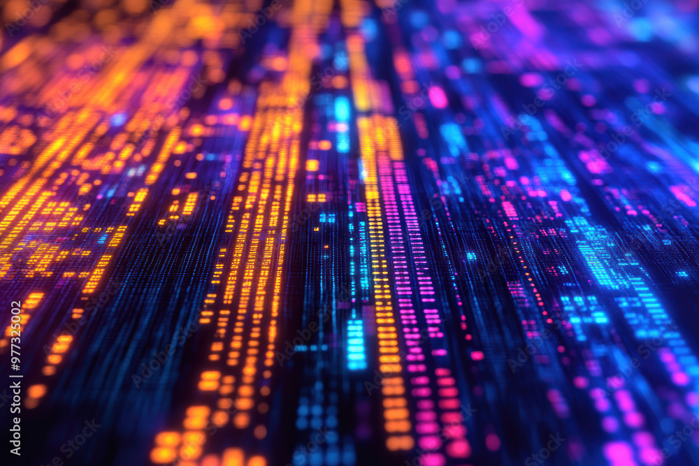 Poster abstract digital data background with vibrant colors, glowing lines, and dynamic movement represents
