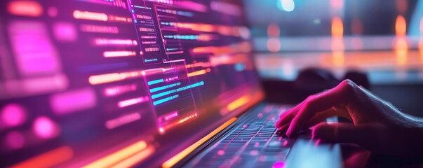 Interactive real-time UI editors, neon holographic displays, advanced tech space